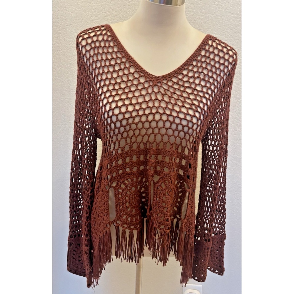 Blu Pepper Festival Crochet Fringe Bell Sleeve Sweater Sz M Boho Retro